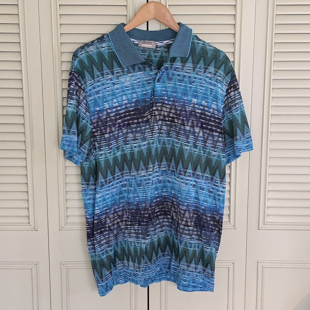 Missoni Sport Polo Shirt Men's Medium Italy Blue Geometric Sheer Knit *read*